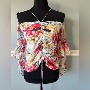 Guess White Off-Shoulder Floral Drawstring Top with Red & Yellow Blooms